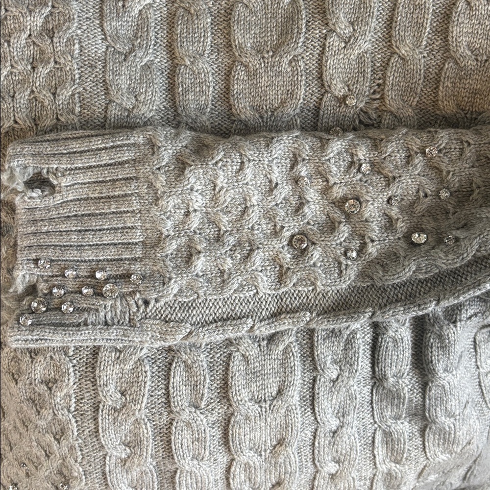 Zara High Neck Destroyed Crystal Studded Cable Knit Sweater In Gray Large Nwot View 6